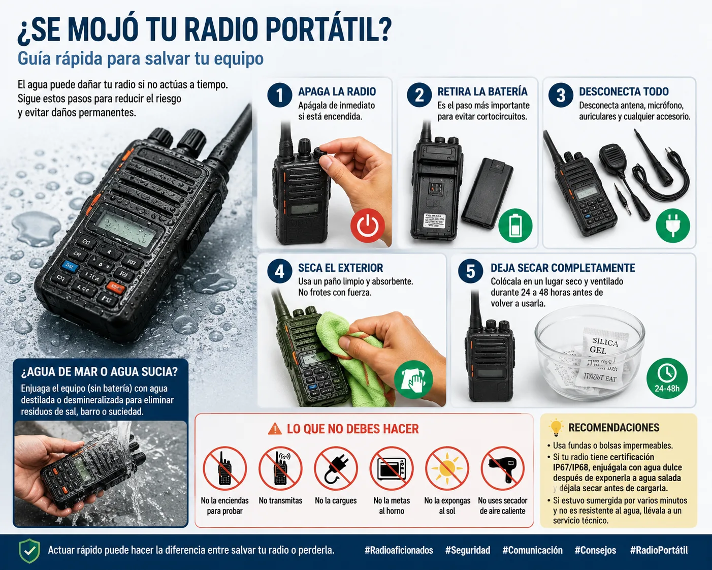 Si un equipo portátil de radio se moja accidentalmente